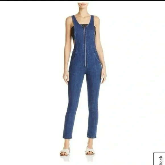 Free People Jax Blue Denim Jean Jumpsuit Skinny Zipper Front Overalls. SZ XS - Picture 3 of 6